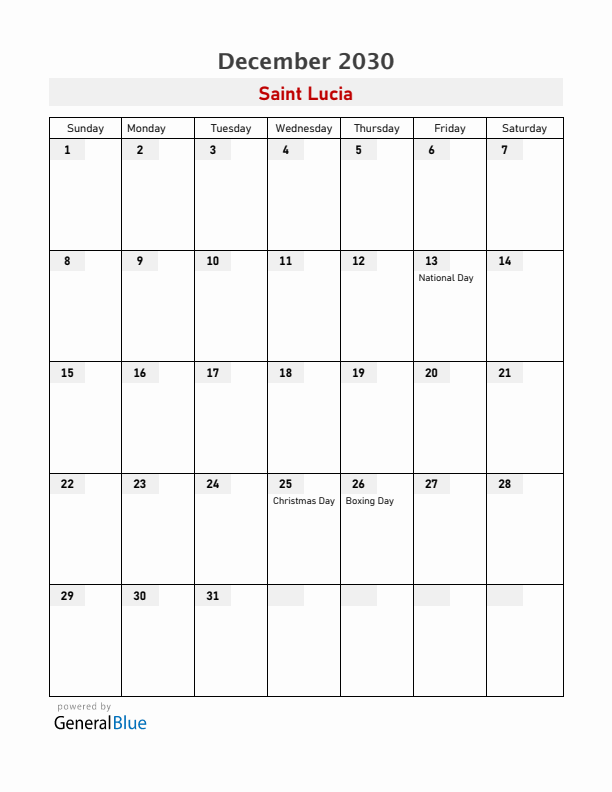 Saint Lucia December 2030 Calendar with Holidays