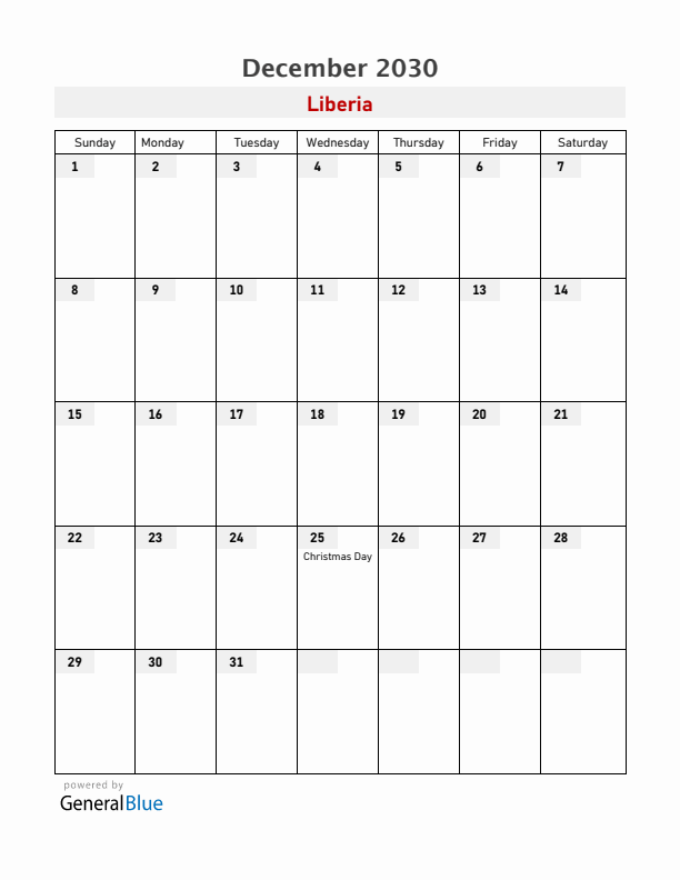 Liberia December 2030 Calendar with Holidays