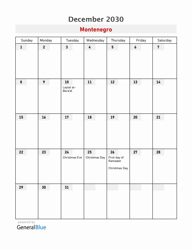Montenegro December 2030 Calendar with Holidays