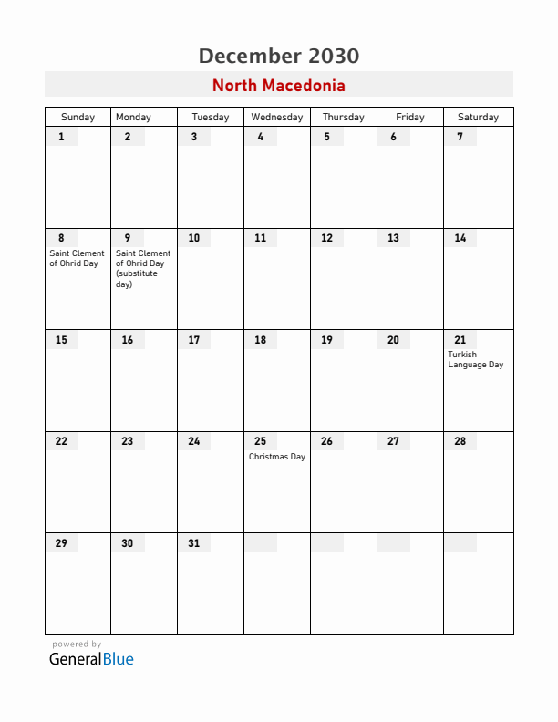 North Macedonia December 2030 Calendar with Holidays