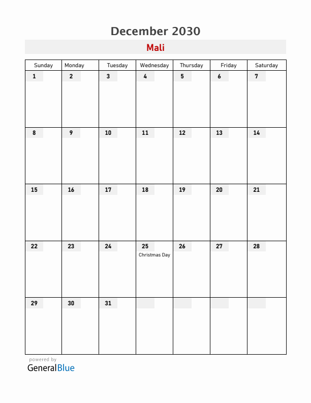 Mali December 2030 Calendar with Holidays