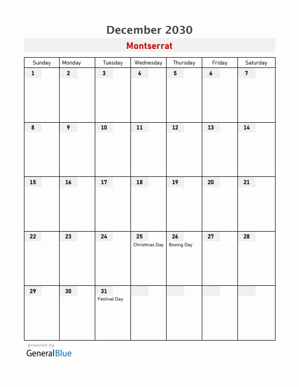 Montserrat December 2030 Calendar with Holidays
