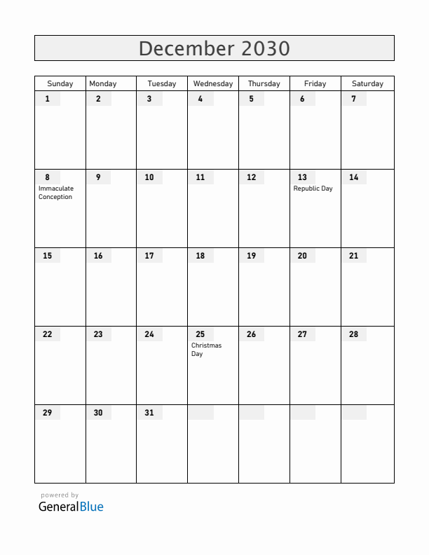 Malta December 2030 Calendar with Holidays