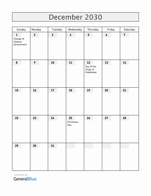 Mexico December 2030 Calendar with Holidays
