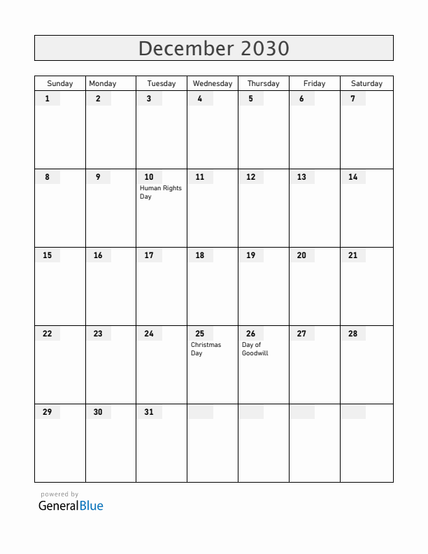 Namibia December 2030 Calendar with Holidays
