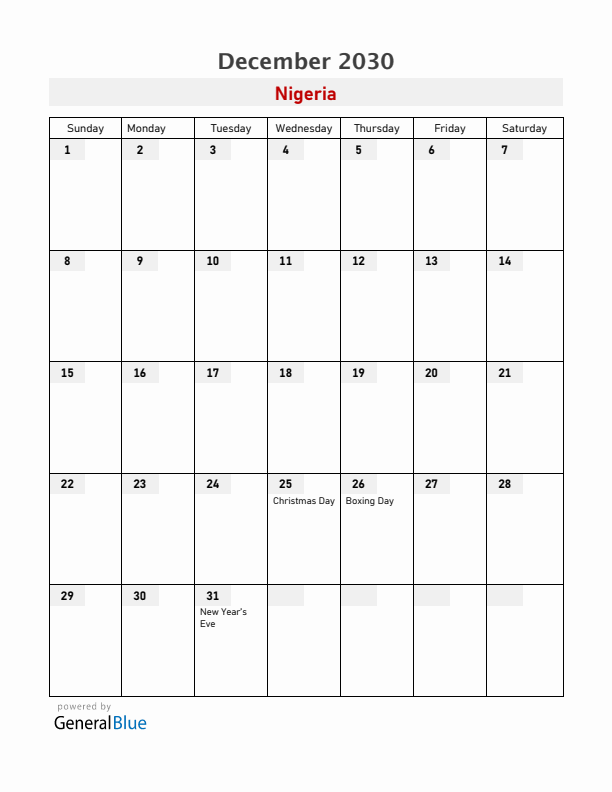 Nigeria December 2030 Calendar with Holidays