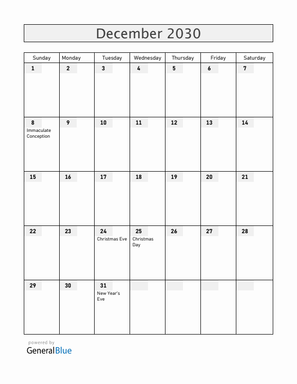 Nicaragua December 2030 Calendar with Holidays