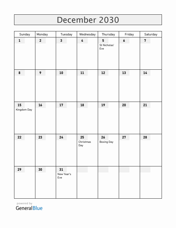 The Netherlands December 2030 Calendar with Holidays