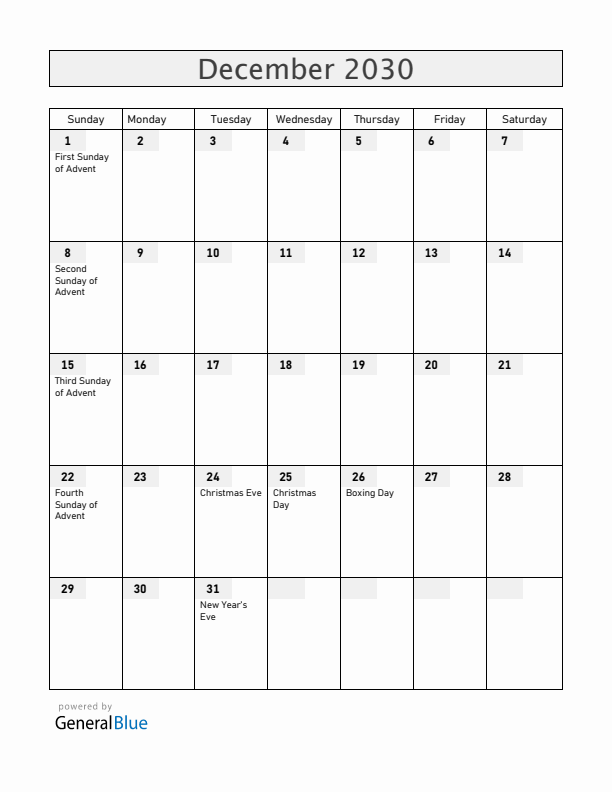 Norway December 2030 Calendar with Holidays