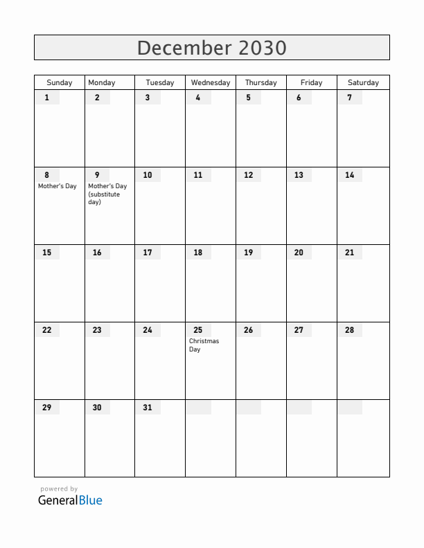 Panama December 2030 Calendar with Holidays