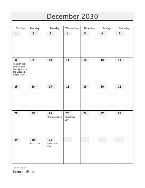 Philippines December 2030 Calendar with Holidays