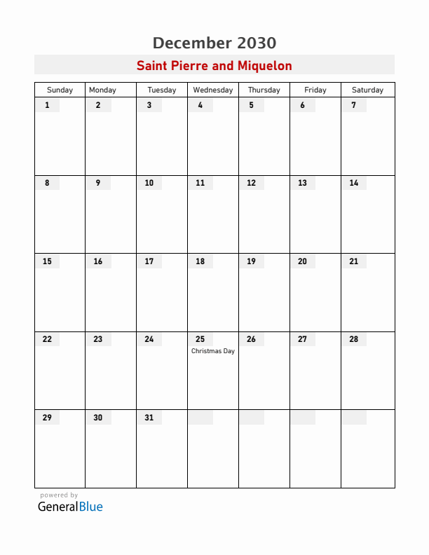 Saint Pierre and Miquelon December 2030 Calendar with Holidays