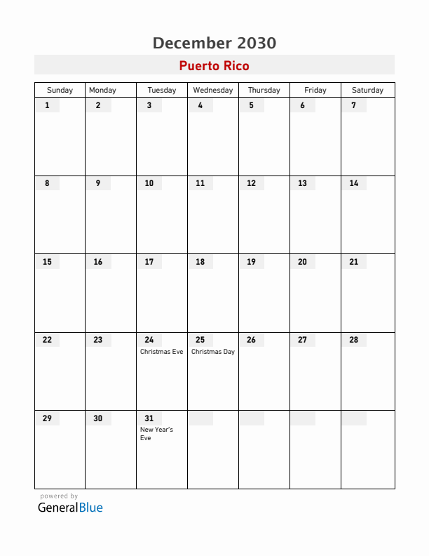 Puerto Rico December 2030 Calendar with Holidays