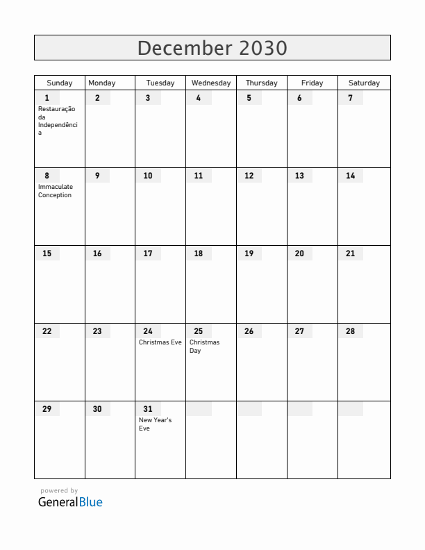 Portugal December 2030 Calendar with Holidays