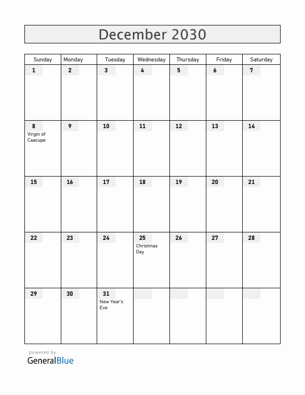 Paraguay December 2030 Calendar with Holidays