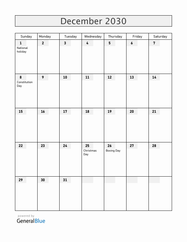 Romania December 2030 Calendar with Holidays