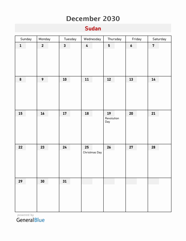 Sudan December 2030 Calendar with Holidays
