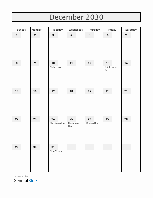 Sweden December 2030 Calendar with Holidays
