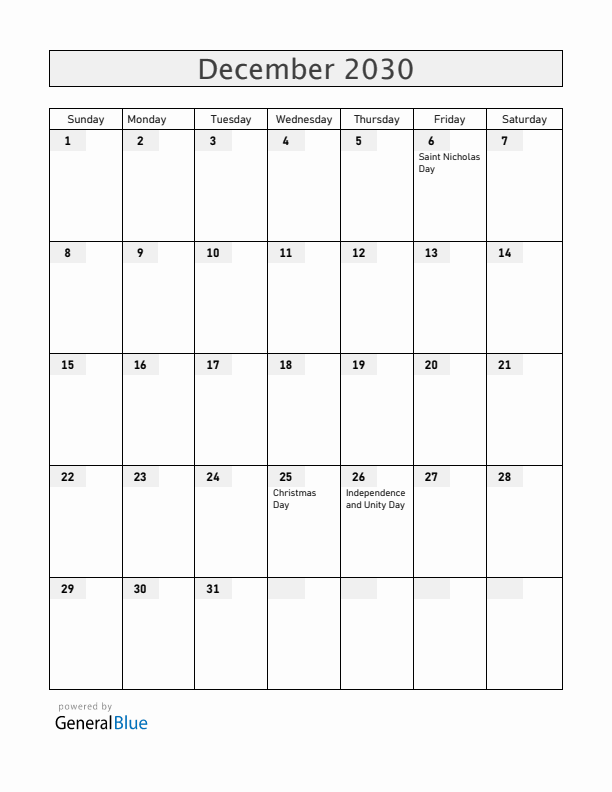Slovenia December 2030 Calendar with Holidays