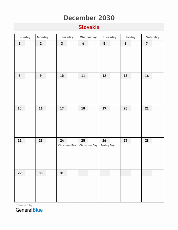 Slovakia December 2030 Calendar with Holidays