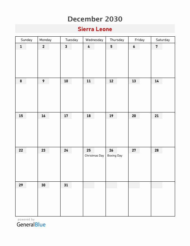 Sierra Leone December 2030 Calendar with Holidays