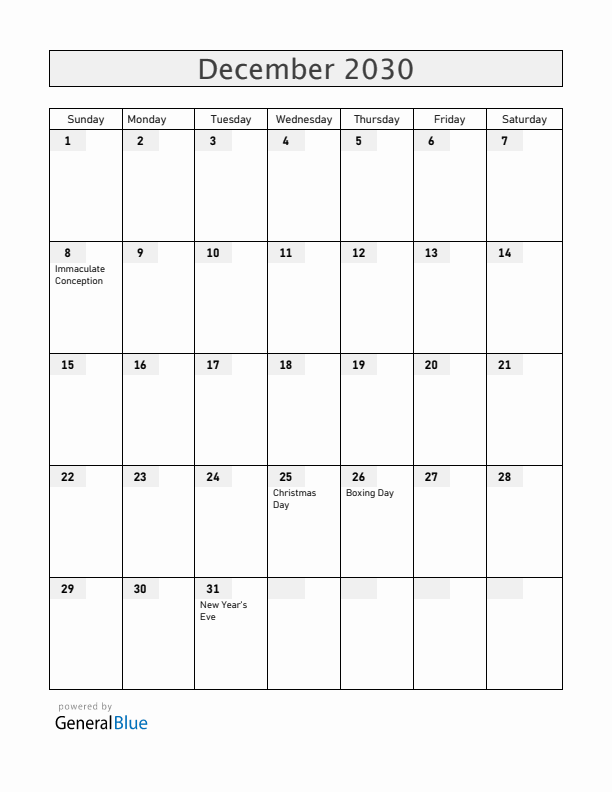 San Marino December 2030 Calendar with Holidays