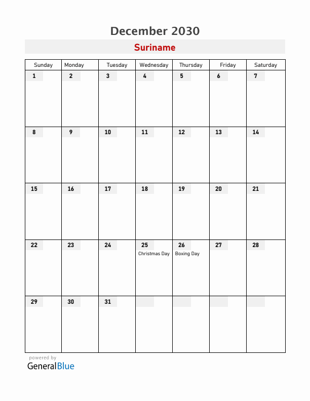 Suriname December 2030 Calendar with Holidays