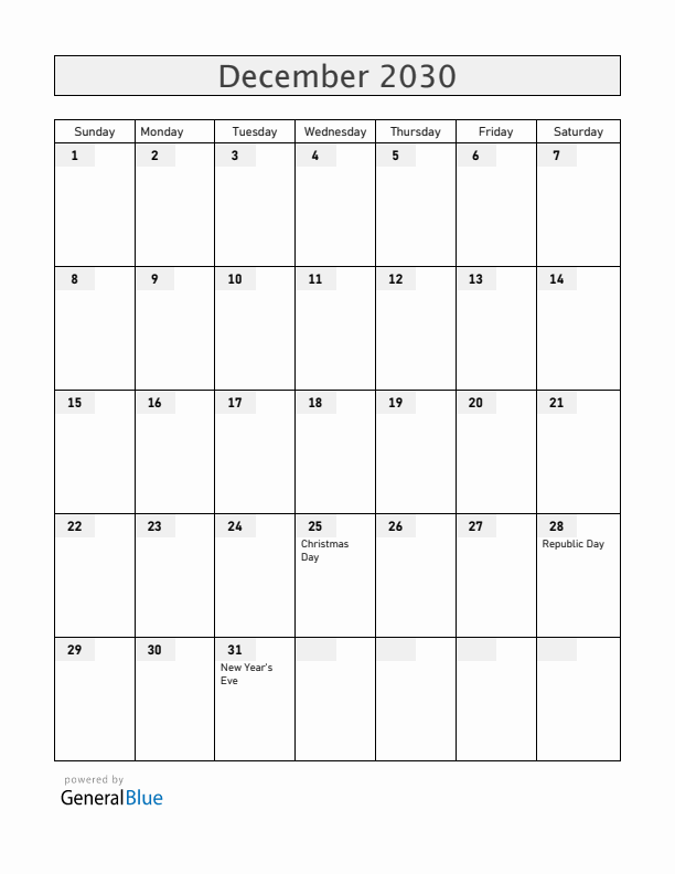 South Sudan December 2030 Calendar with Holidays