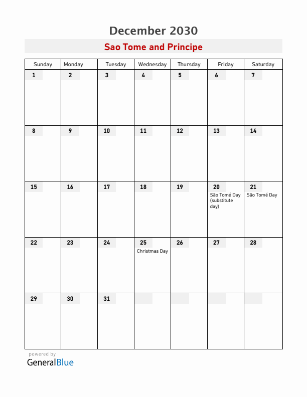 Sao Tome and Principe December 2030 Calendar with Holidays