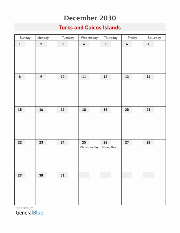 Turks and Caicos Islands December 2030 Calendar with Holidays