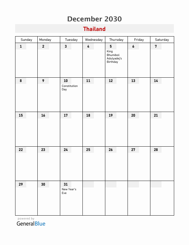 Thailand December 2030 Calendar with Holidays