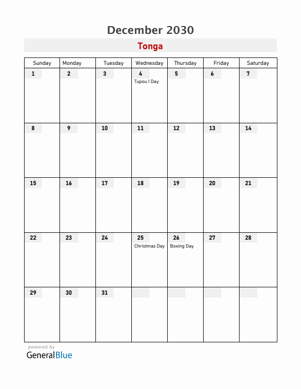 Tonga December 2030 Calendar with Holidays