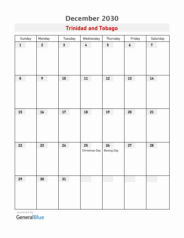 Trinidad and Tobago December 2030 Calendar with Holidays