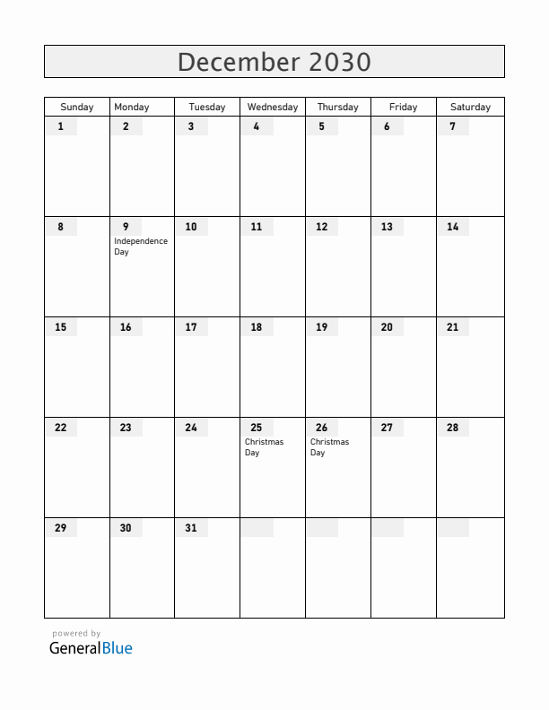 Tanzania December 2030 Calendar with Holidays