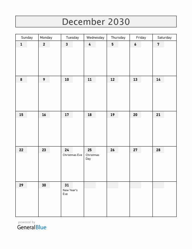 Uruguay December 2030 Calendar with Holidays