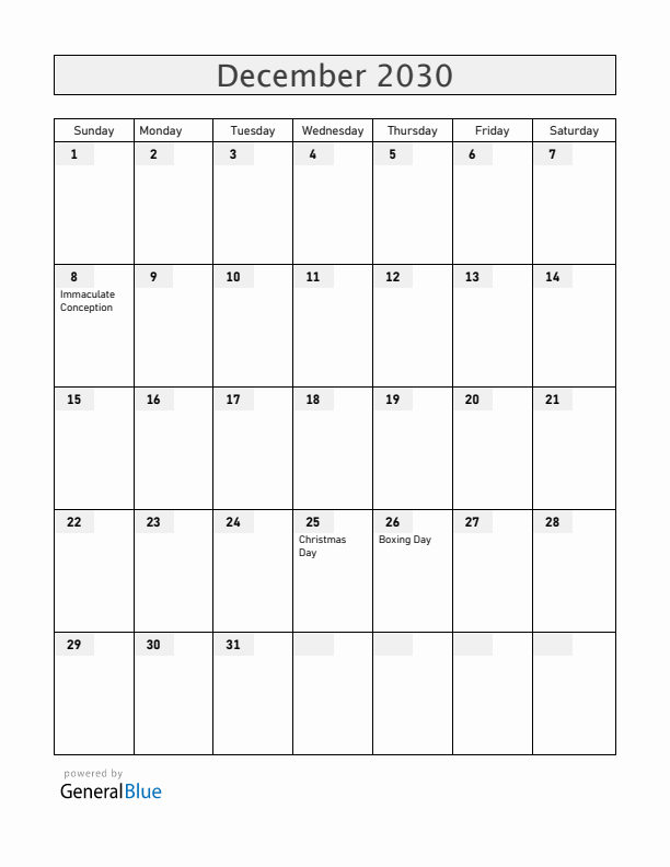 Vatican December 2030 Calendar with Holidays