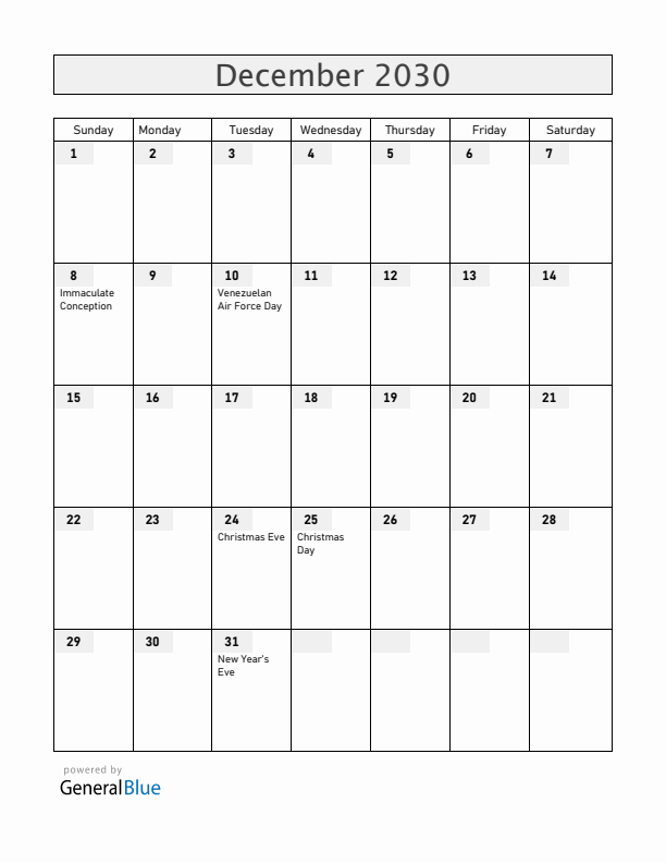 Venezuela December 2030 Calendar with Holidays