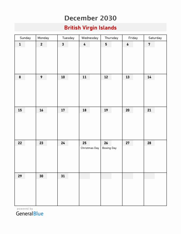 British Virgin Islands December 2030 Calendar with Holidays