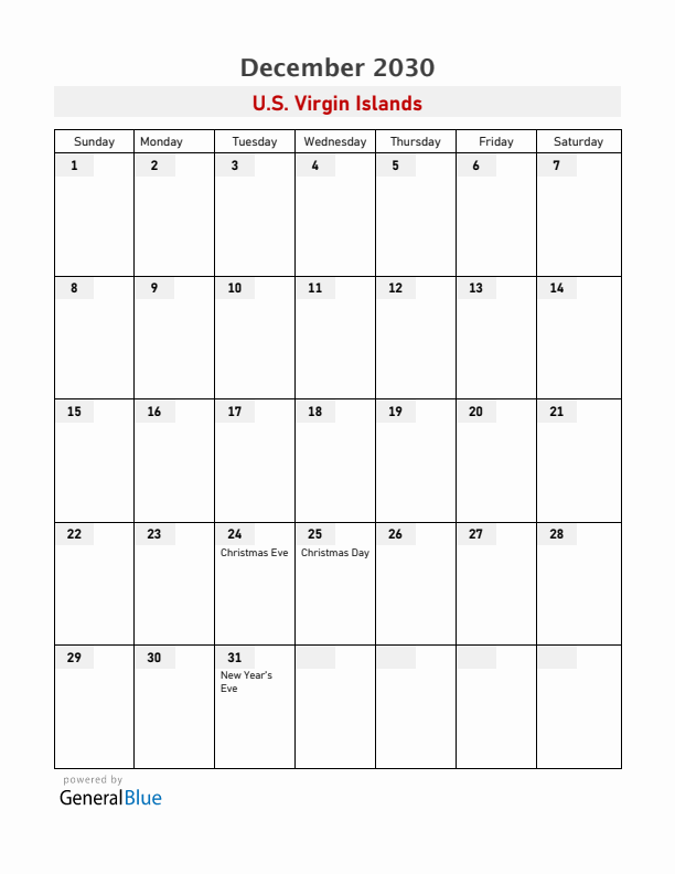U.S. Virgin Islands December 2030 Calendar with Holidays