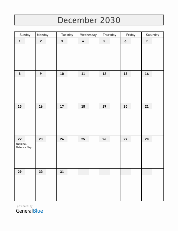 Vietnam December 2030 Calendar with Holidays