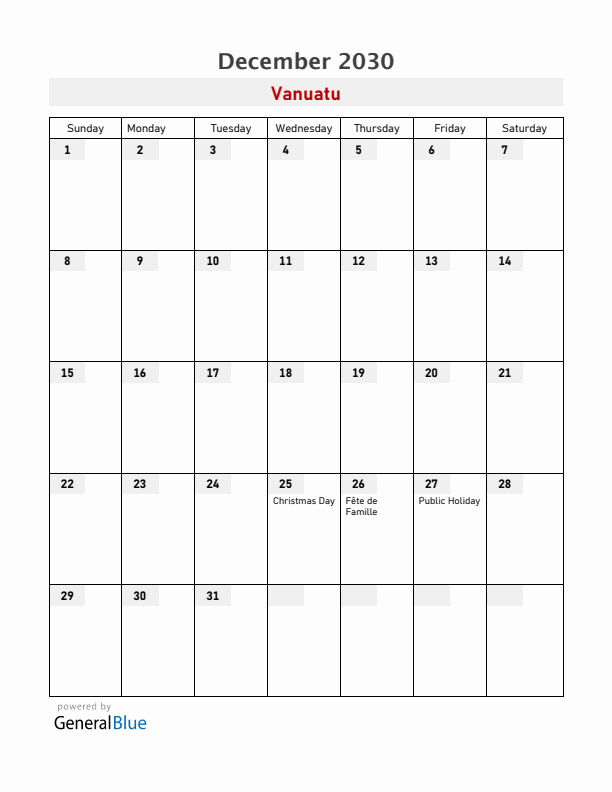 Vanuatu December 2030 Calendar with Holidays
