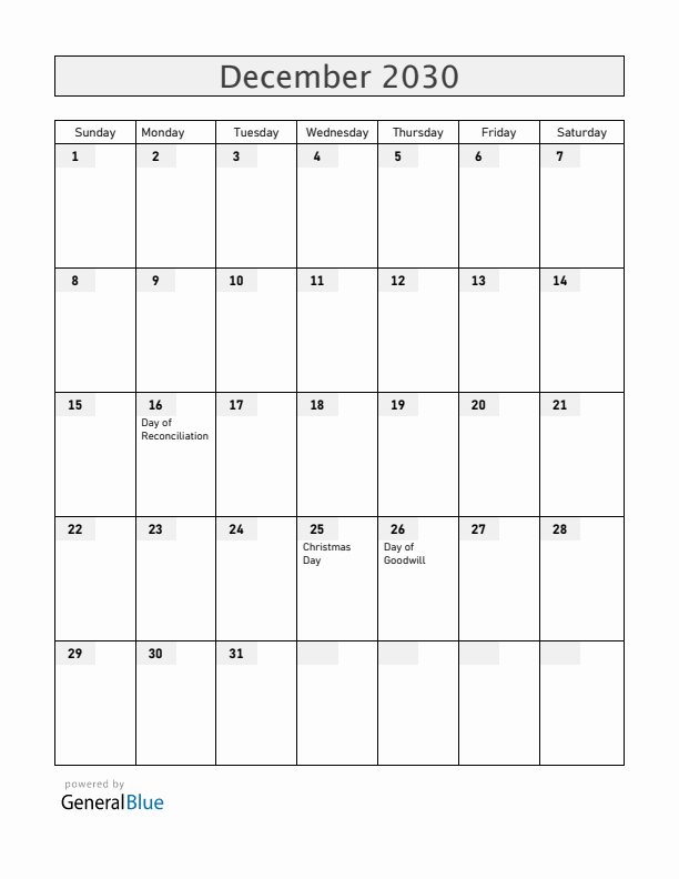 South Africa December 2030 Calendar with Holidays