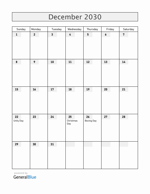 Zimbabwe December 2030 Calendar with Holidays