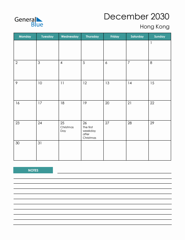 Calendar with Notes Printable - Monday Start