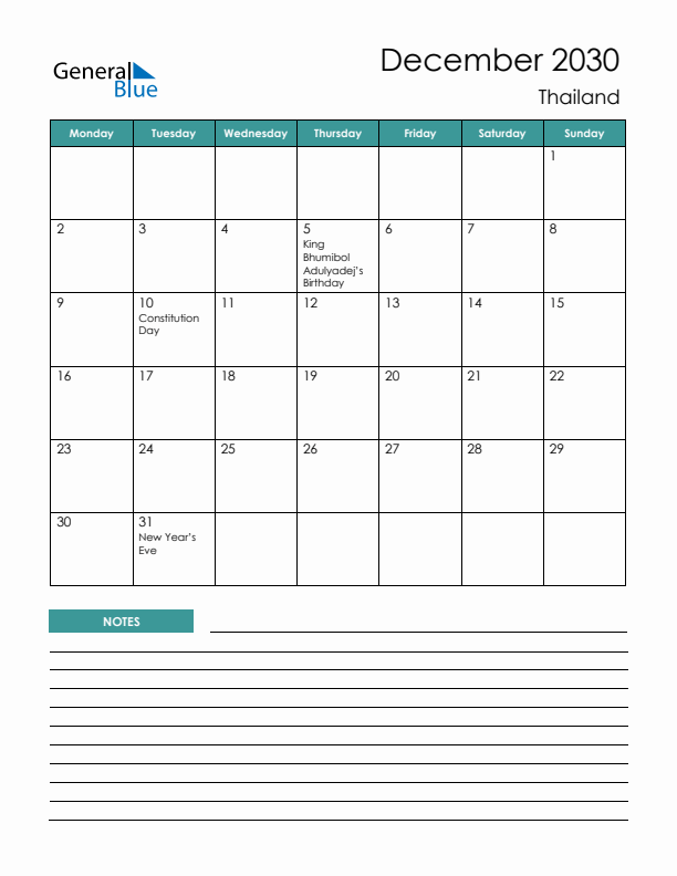 Calendar with Notes Printable - Monday Start