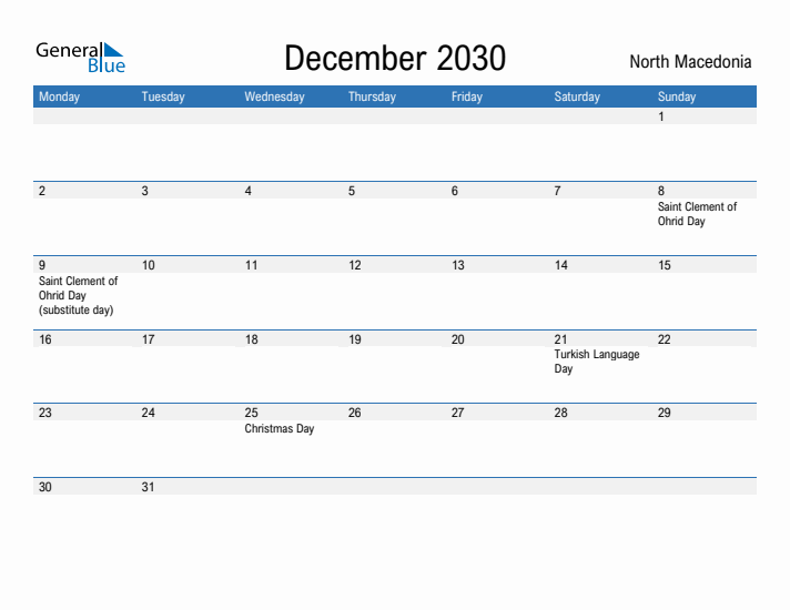 Fillable December 2030 Calendar
