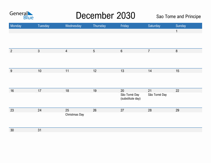 Fillable December 2030 Calendar