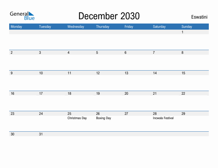 Fillable December 2030 Calendar