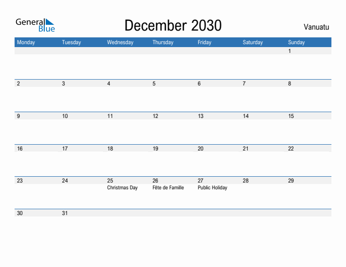 Fillable December 2030 Calendar