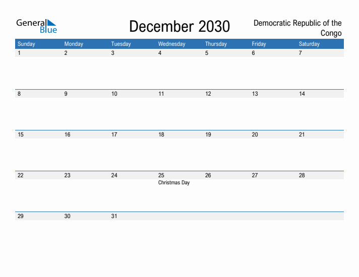 Fillable December 2030 Calendar